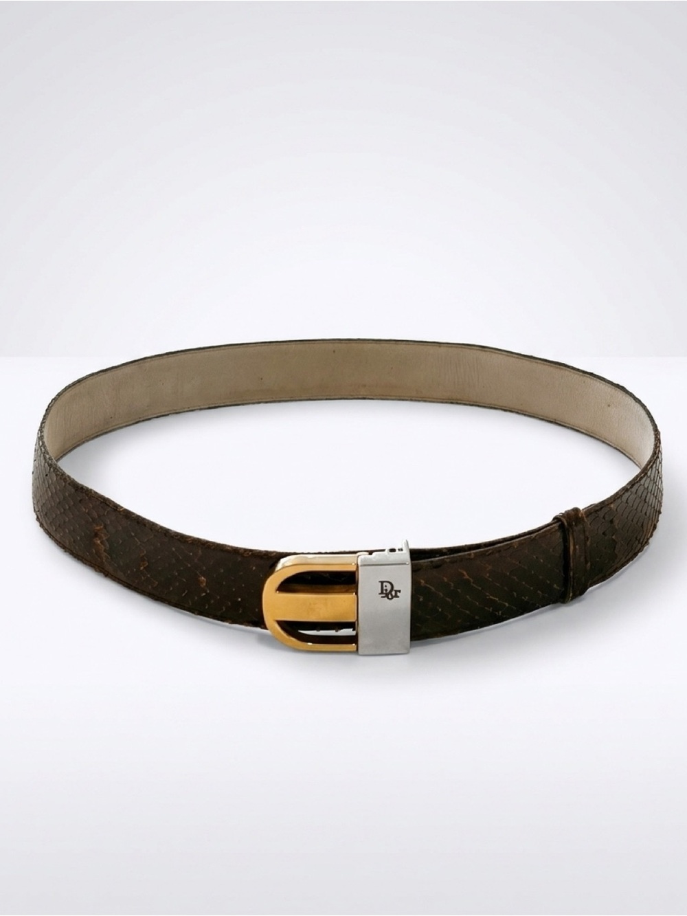 Dior VTG Snakeskin Belt, Gold and Silver Buckle, Brown, GUC, 28”